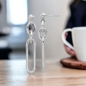 925 Sterling Silver Trendy Paperclip Design Dangle Post Ladies Earrings